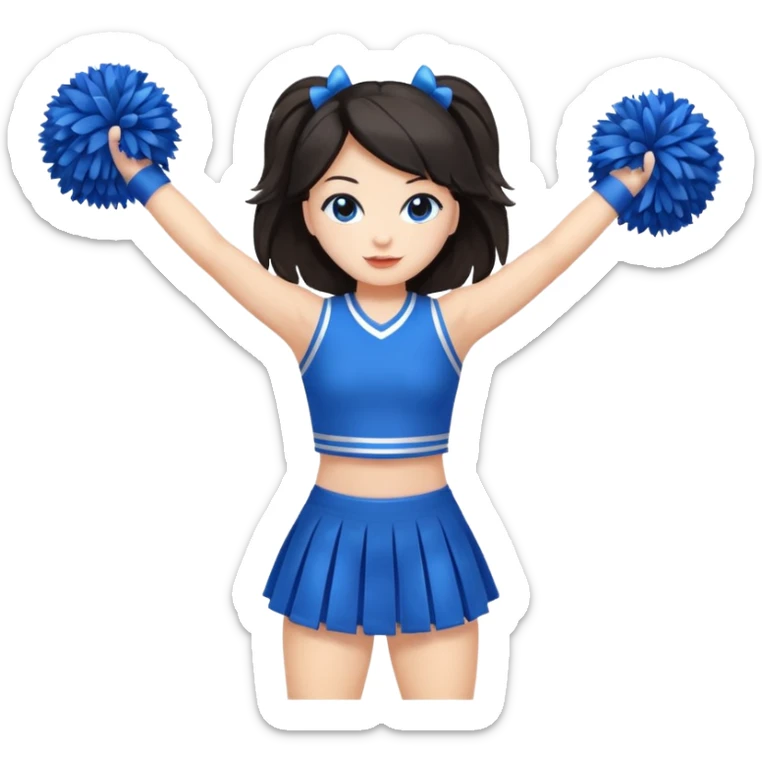 give me a full-length cheerleader with dark hair and blue pom poms sticker