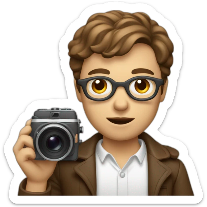 European film director with brown piled short hair holding a cinema camera sticker