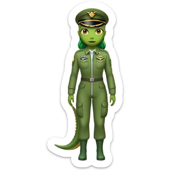 green alien reptilian woman in pilot uniform , full body full figure sticker