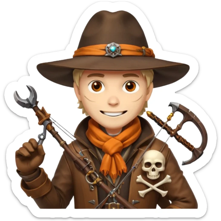 male human monster hunter emoji, wearing brown leather coat and wide hat, holding crossbow or rifle, with amulet shaped like skull, Halloween fantasy theme, confident smile, orange scarf, Apple emoji style, clean white background, square image sticker