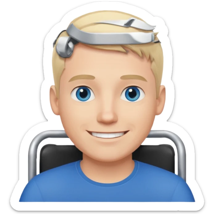 White man in wheelchair with short blond hair and blue eyes sticker