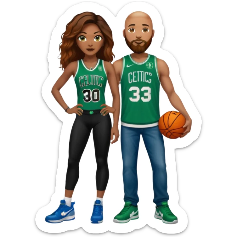 48 yr old black woman with Brown eyes, long dark brown balayage hair dressed in sexy 
celtics jersey costume outfit and stilettos with bald white man with Ginger orange facial hair & beard, with Blue eyes, wearing Jason Tatum Boston Celtics Jersey, jeans & matching Nike sneakers  sticker
