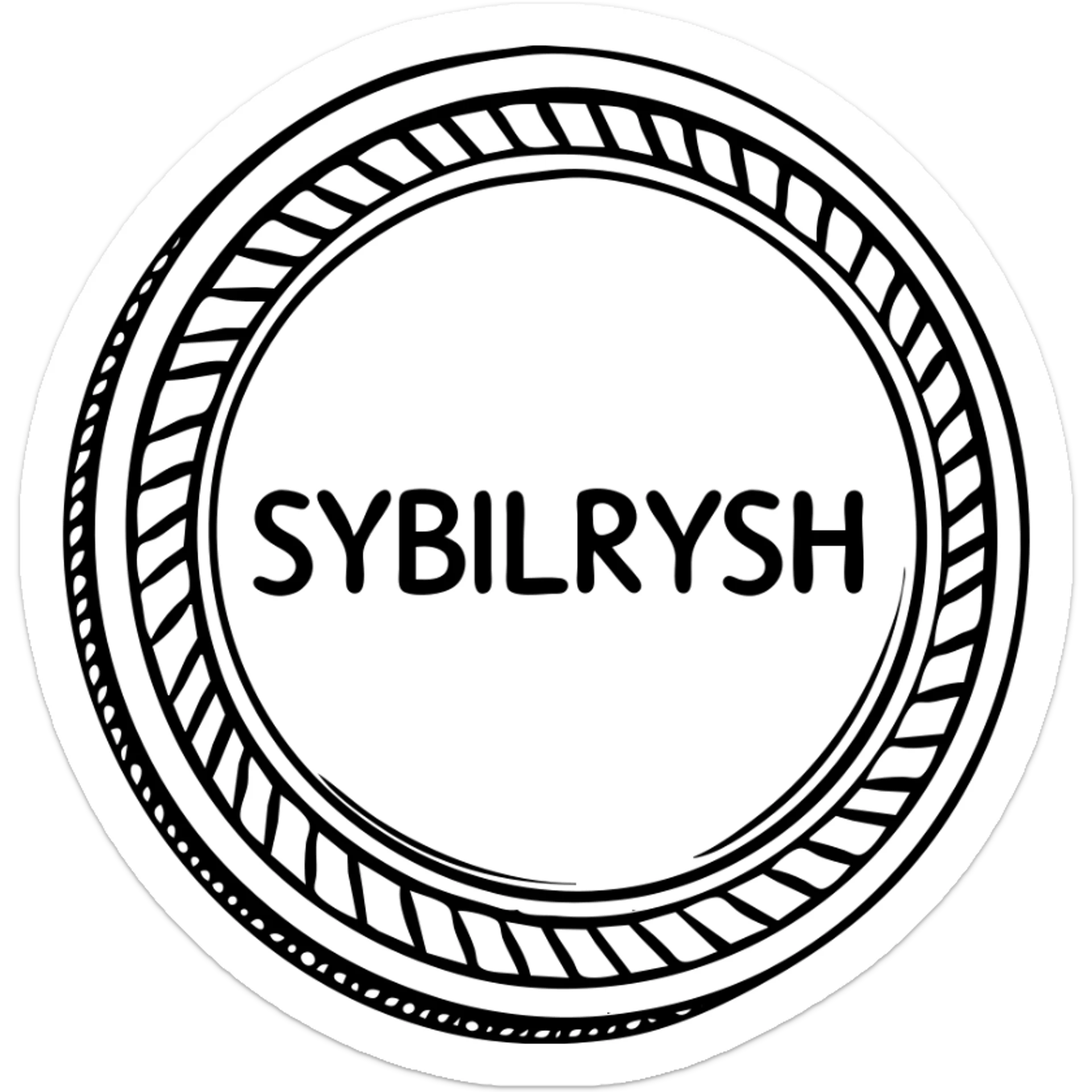 A gold textured coin with the text "SYBILRYSH" inscribed in the center. The coin has a rim with detailed gold grain pattern and metallic shine. sticker