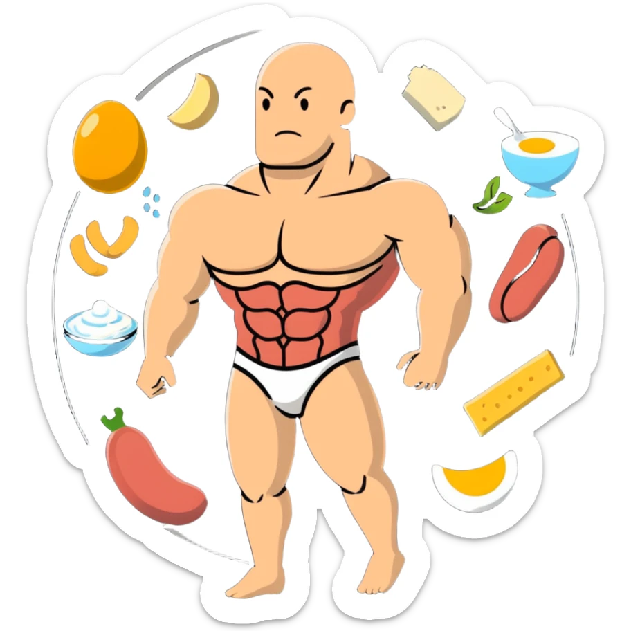 A floating warm orb with bright food icons (meat, egg, beans, tofu, yogurt) orbiting around a semi-transparent muscular human body. The body glows from within, with visible muscle fibers vibrating and expanding. sticker