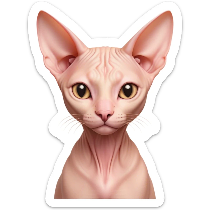 Cinematic Noble Sphynx Cat Portrait Emoji, Poised and regal, with smooth, hairless skin in warm peach and soft pink tones, striking large ears and intense almond-shaped eyes, Simplified yet sharp and sophisticated features, highly detailed, glowing with a soft, dignified glow, high shine, intelligent and graceful, stylized with an air of elegance, focused and attentive, soft glowing outline, capturing the essence of a watchful and refined feline, so majestic it feels as though it could glide across the screen with effortless confidence! sticker