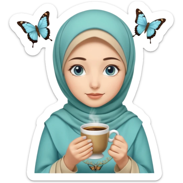 Turkish beautiful finish Konya girl blue eyes with beige and light green hijab  butterfly islamic dress and had on her hand Turkish coffee sticker