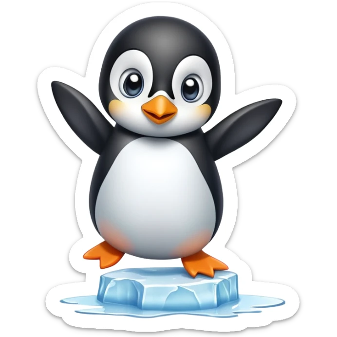 Adorable penguin with big eyes bellyflopping on a small ice brug sticker