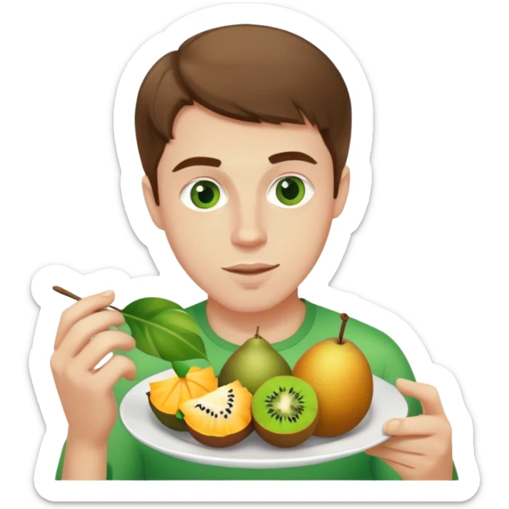 White man brown hair green eyes 27 years old eating a plate of tropical fruit sticker