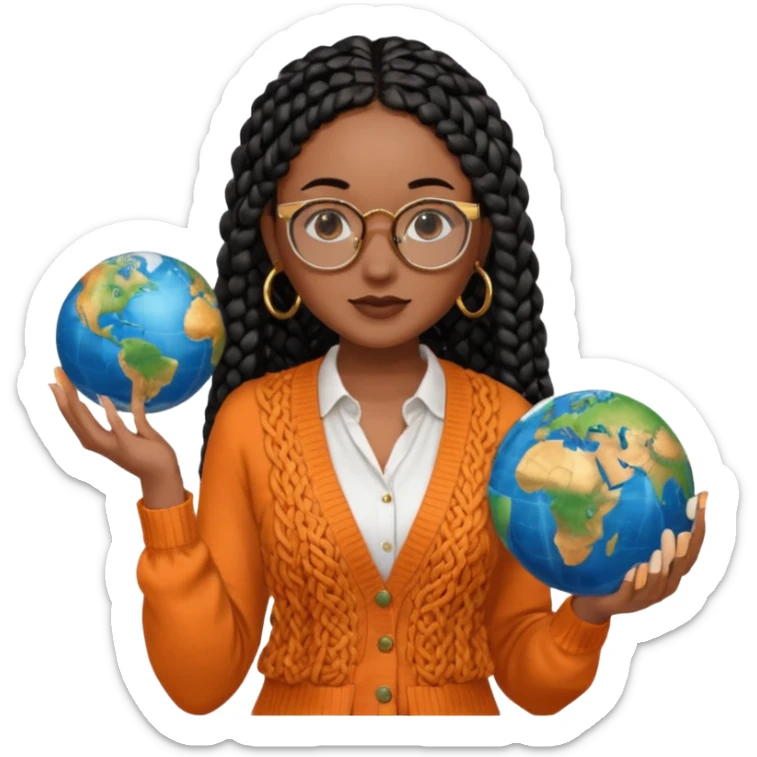a young woman wearing fine gold round glasses and black hair in several box braids, no earrings, she has light black skin, and she's wearing a white shirt with an orange-terracotta cardigan on top. She's holding a globe in one hand sticker
