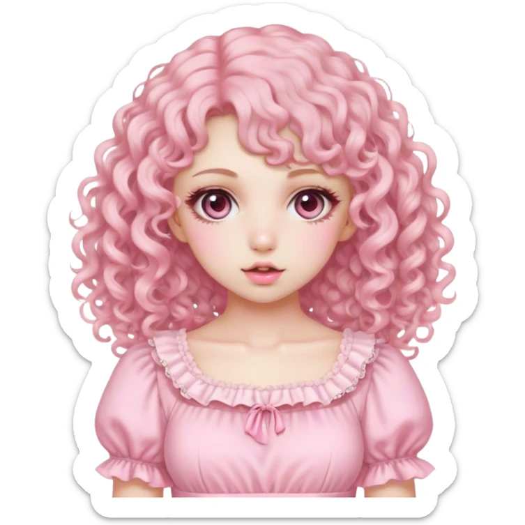 Pale girl, Curly hair with colour pink soft, with gyaru pink dress, make up baby doll sticker