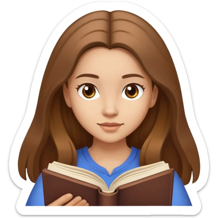 A girl with light skin, lang brown hair, brown eyes, that is reading a book (the book is in their hands) sticker