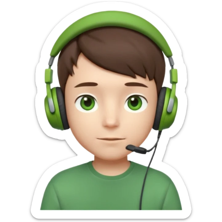 3D cartoon boy avatar, big green eyes, short brown hair, gray headphones, small green leaf on head, green shirt, minimal face, centered portrait, soft lighting, plain background, high quality render. sticker