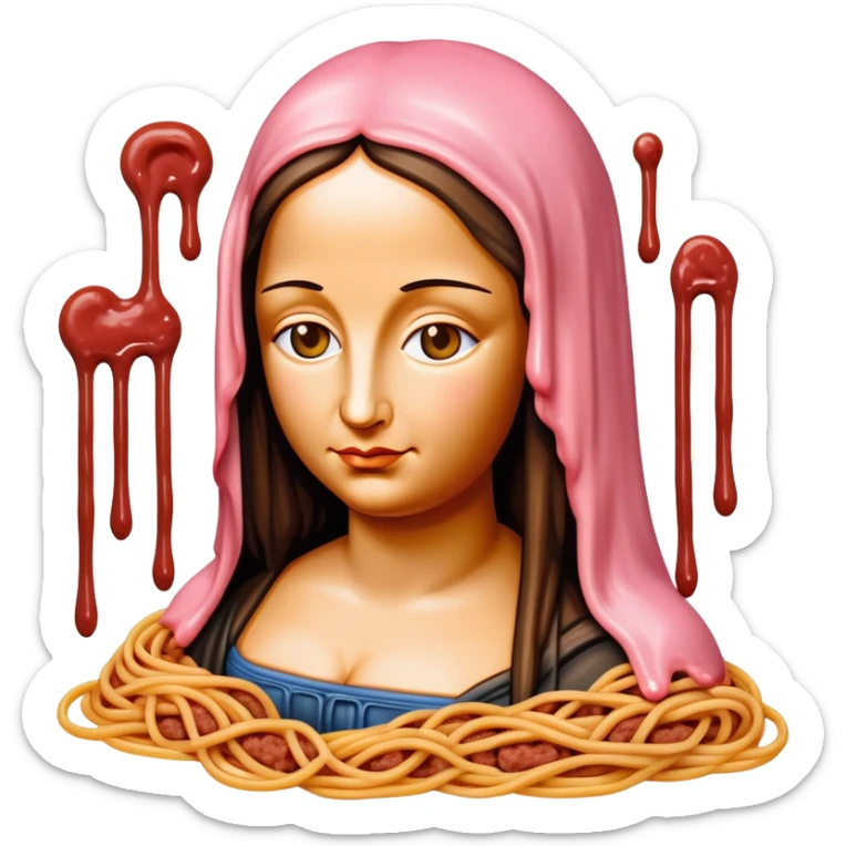 monalisa made of SPAM meat melted pink dripping sauce spaghetti portrait sticker