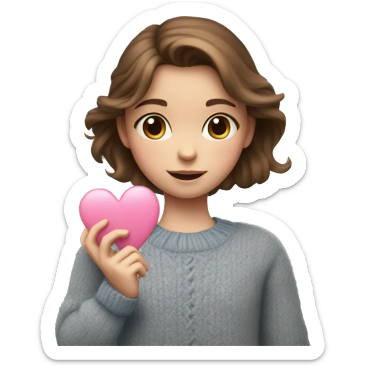 A girl with brown hair and blue eyes in a gray sweater holds a pink heart in her hands sticker