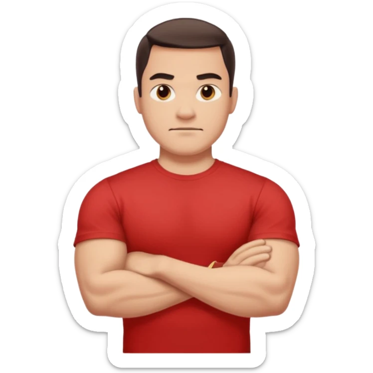 apple stylized emoji of a strong man, his arms crossed, white bg, he's in a red tee shirt sticker