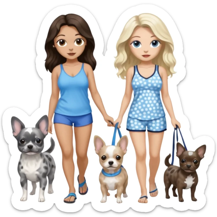 2 pretty women in beach clothes, one hazel eyed light skin with dark brown wavy long hair, walking a blue and gray spotted Merle Frenchie the other blue eyed light skin long blonde hair walking a black chihuahua  sticker
