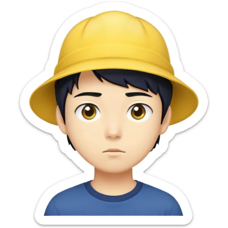 nam 20 tuổi, da vàng, tóc ngắn màu đen, đội mũ màu vàng, mặt nghiêm túc, áo xanh đậm, nửa thân trên sticker