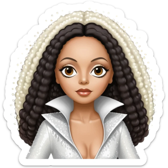 Diana Ross, Queen of Motown from Famous People with long dark brown hair, white sequin outfit sticker