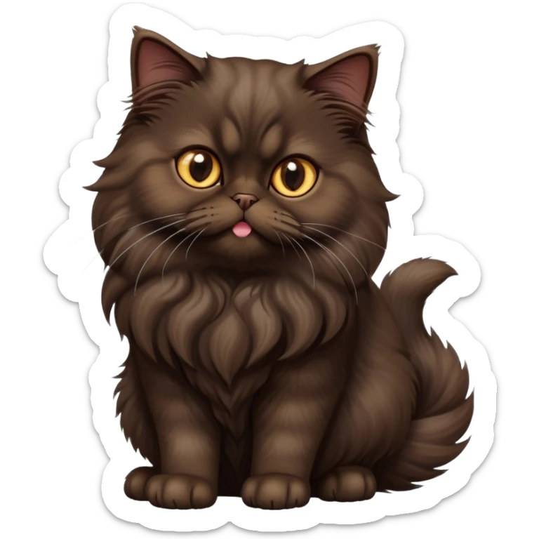 cinematic-[dark brown persian cat]-realistic-full-body-sitting-emoji,-tail-curled-playfully-around-its-paws,-head-tilted-dramatically,-fluffy-[dark brown]-fur,-simplified-yet-realistic-focused-features,-highly-detailed,-glowing-with-an-almost-sarcastic-glow sticker