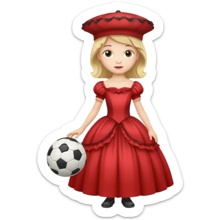 a child in a theatrical hat with a soccer ball in his hands and in a ball gown sticker