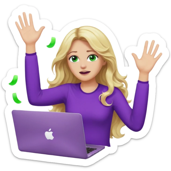lady with long wavy blonde hair, purple top, green eyes, throwing her with a purple mac laptop hands in the air crying sticker