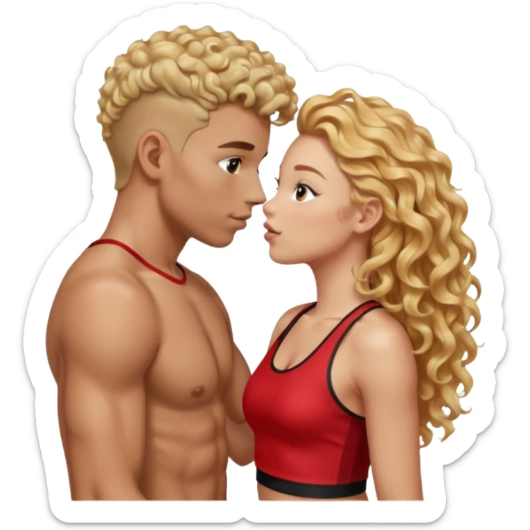 athletic man, high top fade, blonde curly hair only top only, no shirt and Athletic girl with long light RED wavy long hair and black sports, Put them together kissing, or holding hands give the girl red hair  sticker