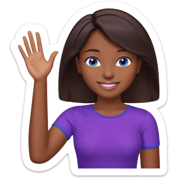 Dark brown hai woman with shoulder-length hair, blue eyes, wearing a purple top, smiling with one hand raised to the side, palm facing up. The gesture looks like she’s presenting something, offering help, or saying “Here you go!”

 sticker
