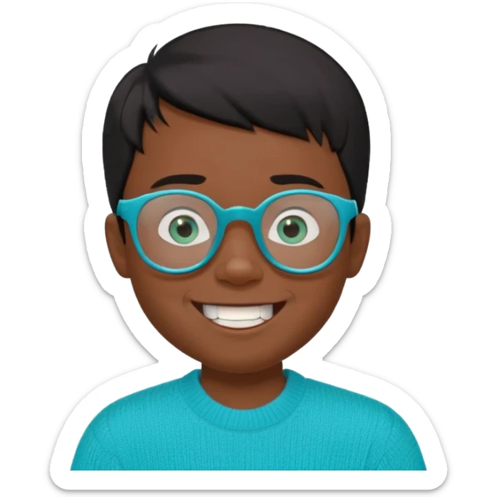 Chico de 7 años, pelo negro y repeinado, piel oscurita, gafas rectangulares azules, sonriente sin 1 diente, jersey verde turquesa y ojos rasgados, no redondeados sticker