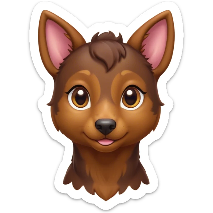 Cinematic Cute Brown and Tan Kelpie Portrait Emoji, Head tilted playfully and inquisitively, featuring a glossy brown Fur with vibrant tan accents, round, sparkling warm eyes filled with curiosity, Simplified yet irresistibly adorable features, highly detailed, glowing with a warm, friendly glow, high shine, affectionate and spirited, stylized with a touch of whimsy, bright and endearing, soft glowing outline, capturing the essence of a mischievous yet loving herder, so playful it feels like it could leap out of the screen and into your arms! sticker