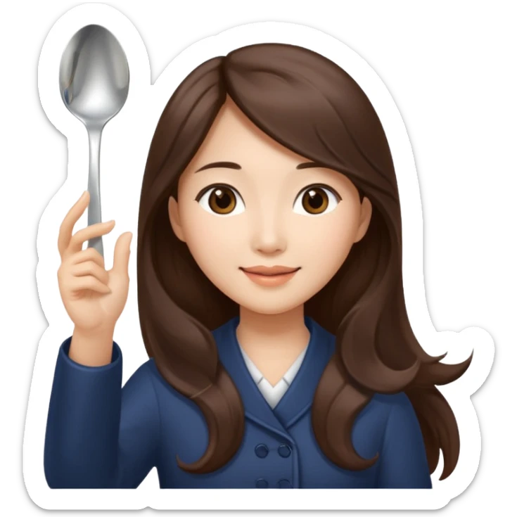 An Asian woman with long brown hair waving and greeting with a spoon in her hand sticker