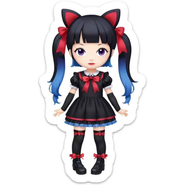 Chibi kawaii Kuromi, violet eyes, black-blue twin tails, red ribbons, red beanie, black & white lolita dress with red accents, white thigh-highs, black mary janes, cute aesthetic. sticker