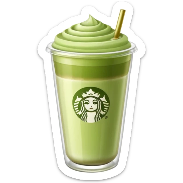 A clear glass with matcha latte. The glass should be a takeaway one, similar to Starbucks', but clear and without the logo. I'd like the latte to blend with the matcha. sticker