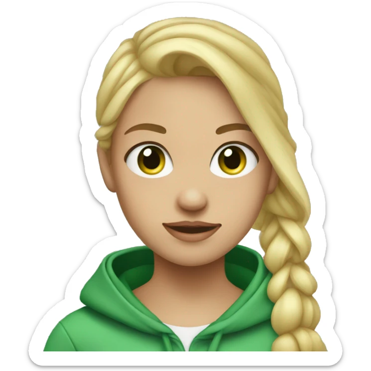 Girl with blonde ponytail and green eyes wearing hoodie sticker