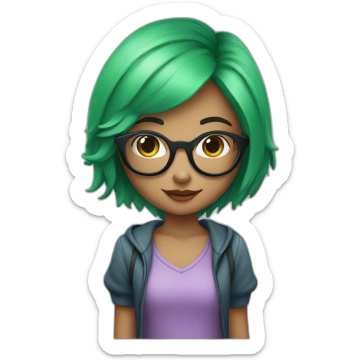 Girl with green hair and glasses holding a heart  sticker