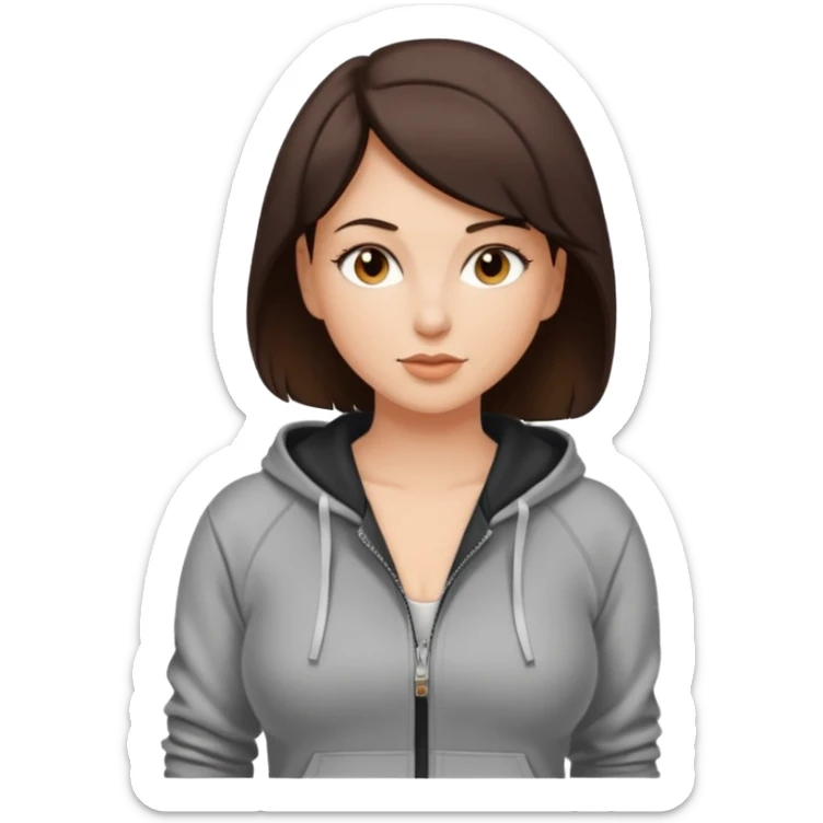 Pretty, sexy, slightly curvy white woman with short dark brown hair, wearing a tight, front zippered hoodie sticker