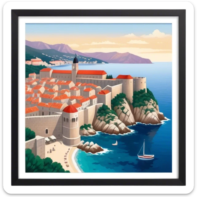 Cinematic Realistic aerial view of the historic city of Dubrovnik, showcasing its iconic red-roofed architecture, fortified walls, and sparkling Adriatic coastline, rendered with rich textures and warm Mediterranean lighting that captures its old-world charm. sticker