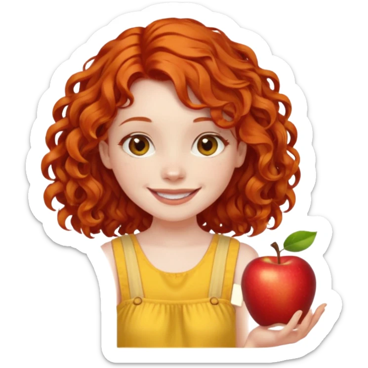 girl with shoulder length curly apple red hair with brown eyes and pale skin smiling sticker