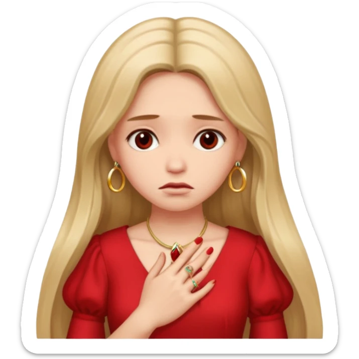 Beige girl with long hair red dress sad face with a ring   sticker