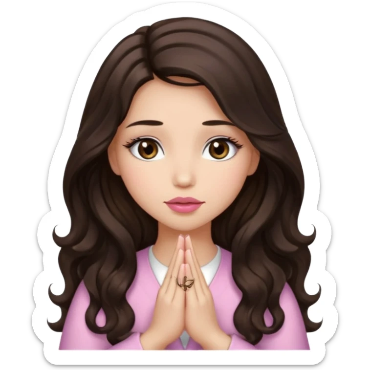 girl with wavy long glamorous dark brown hair, brown eyes, light to medium complexion, long lashes, light pink lipstick, praying sticker