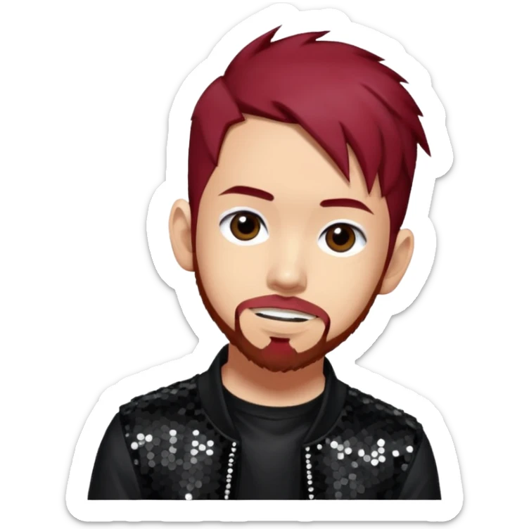 Mike Shinoda from Linkin Park with dark red hair, black sequin outfit sticker