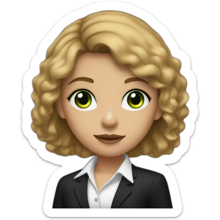 Vertaalresultaat A light skinned girl with a short brown lock of hair in front of her face with green eyes wearing a black suit and black shoes and black pants sticker