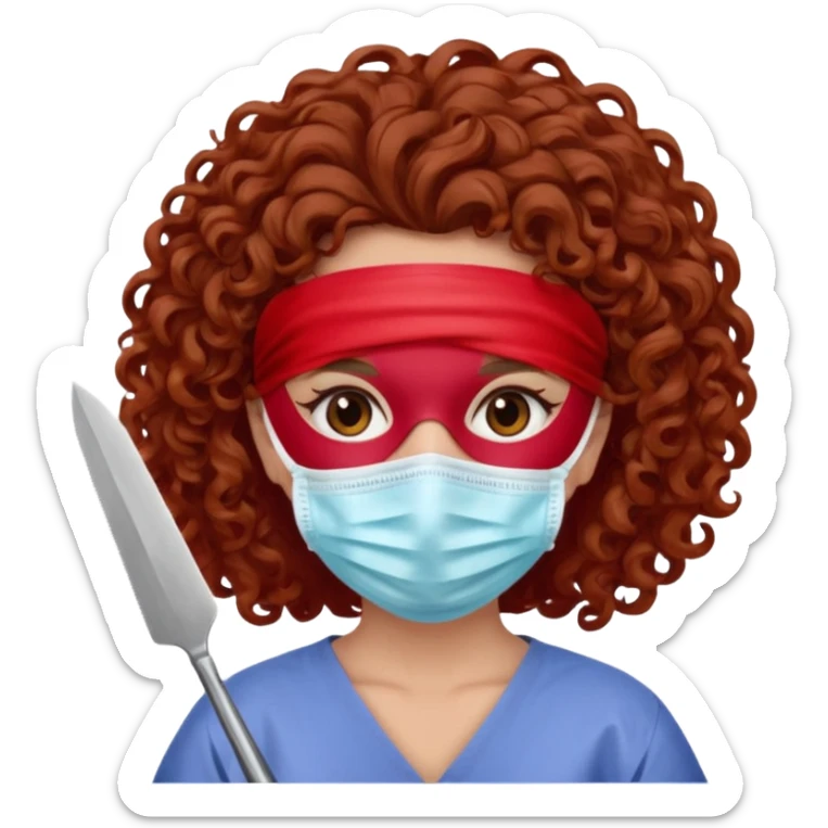 Lilith symbol seductress evil surgeon. Hair curly, and brown. Long curly brown hair. Red surgical mask and hair covering. She works for cartel and kills  with a scalpel. sticker