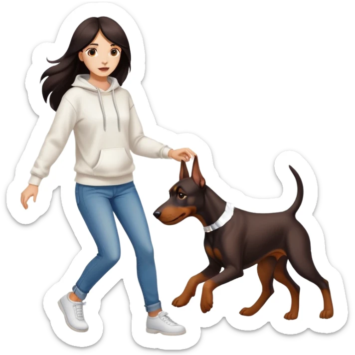 A beautiful girl with long hair wearing a white sweatshirt and jeans is chasing Doberman sticker