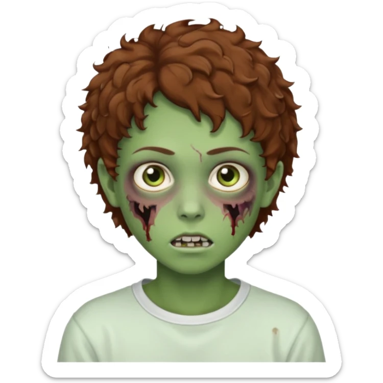  green teen zombie with  brown short curly hair and brown eyes wearing a white sweat sticker