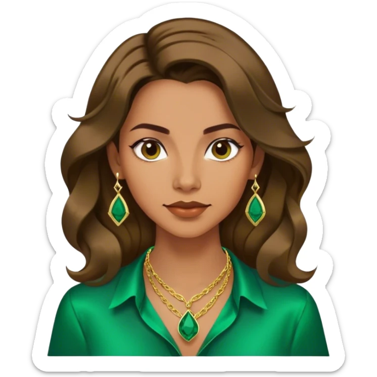 Emoji femenino con cabello suelto corto hasta los hombros castaño oscuro con ondas. Tono de piel bronceado. Viste camisa satinada verde esmeralda y lleva tres collares color dorado. Diseño minimalista. sticker