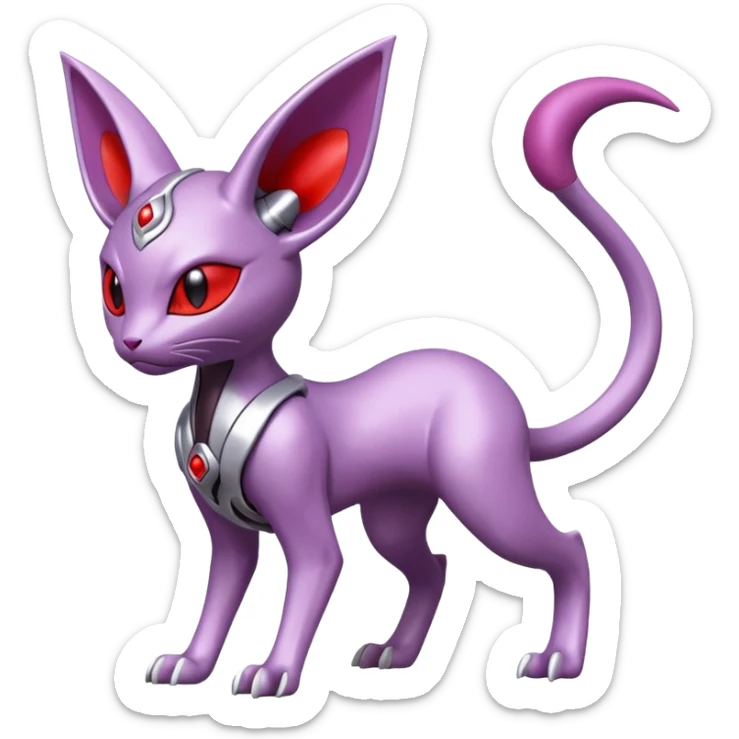 Mechanical Miraidon-Espeon-Mewtwo-Fakémon-hybrid-creature (full body)  with red eyes and intricate markings sticker