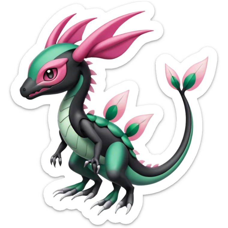 Pink-black-white-gradients Meloetta-Rayquaza-Salandit-Pokémon-Fakémon-creature-fusion-hybrid sticker