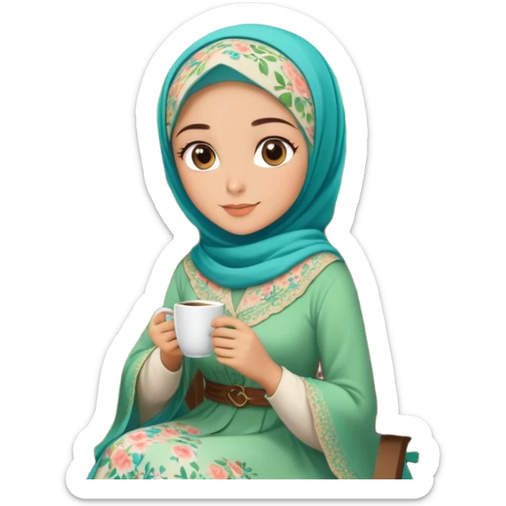 Turkish beautiful finish Konya girls blue eyes with Beautiful light brown green floral hijab long tail dress and in a lovely garden sits on the chair on the ground and holds cup coffe with her hand  sticker