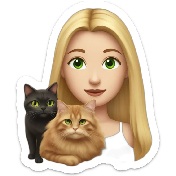 woman with green eyes and long straight blonde hair and big boobs is holding a very fluffy and fat tortoiseshell cat sticker