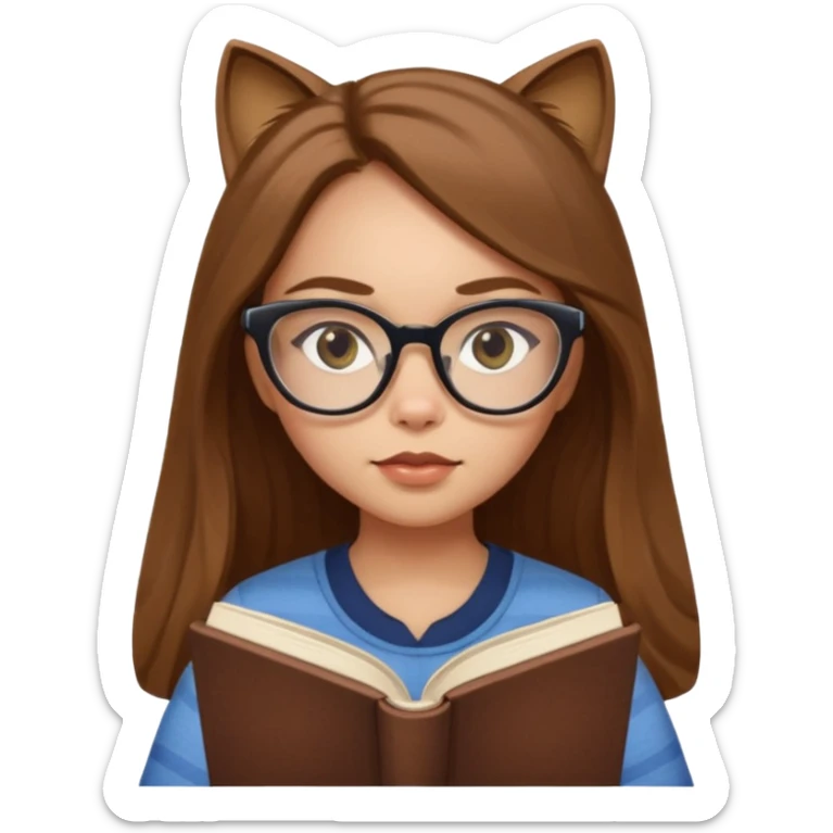 ACB clean beautiful girl long brown hair, wear glasses cat eye, reading a book sticker